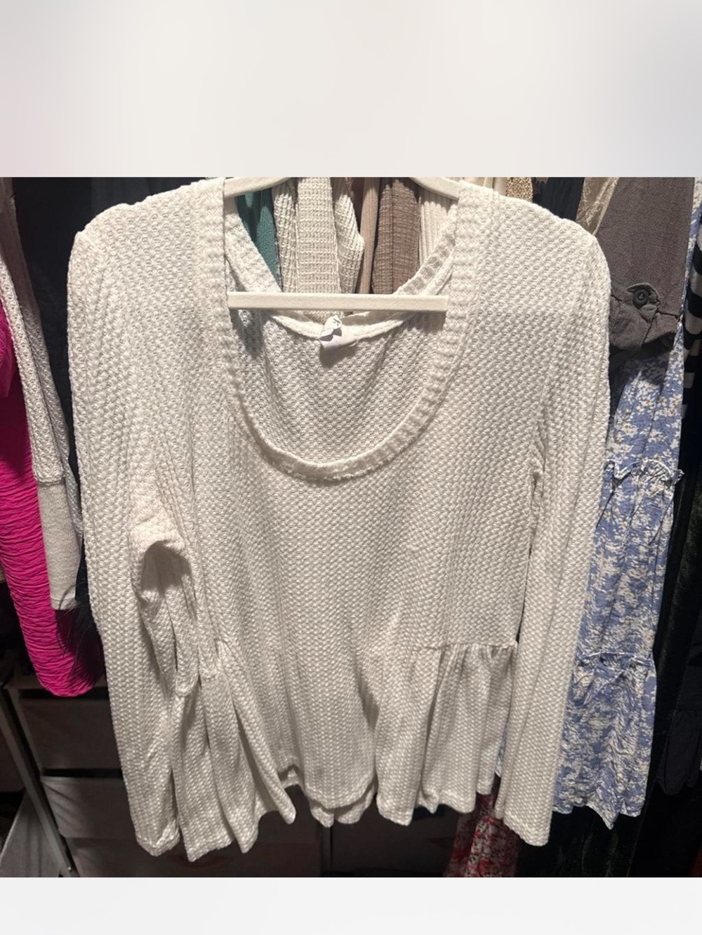 Women's White Waffle Knit Peplum Long-Sleeve Top